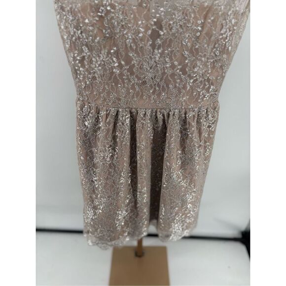Aidan Mattox Metallic Lace Short Dress Size 2 Silver Blush Pockets Evening - Picture 10 of 12